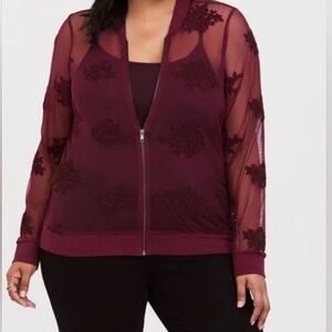 Torrid Red Bomber Jacket with Sheer Mesh Sleeves